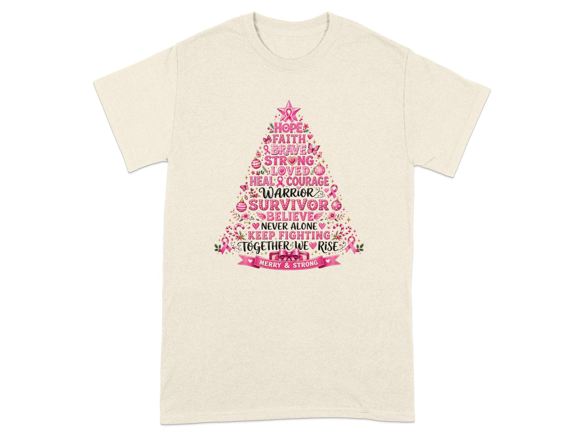 T-shirt with Christmas tree graphic and words: Hope, Faith, Brave, Strong, Loved, Warrior, Survivor, Believe, Together We Rise, Merry & Strong.