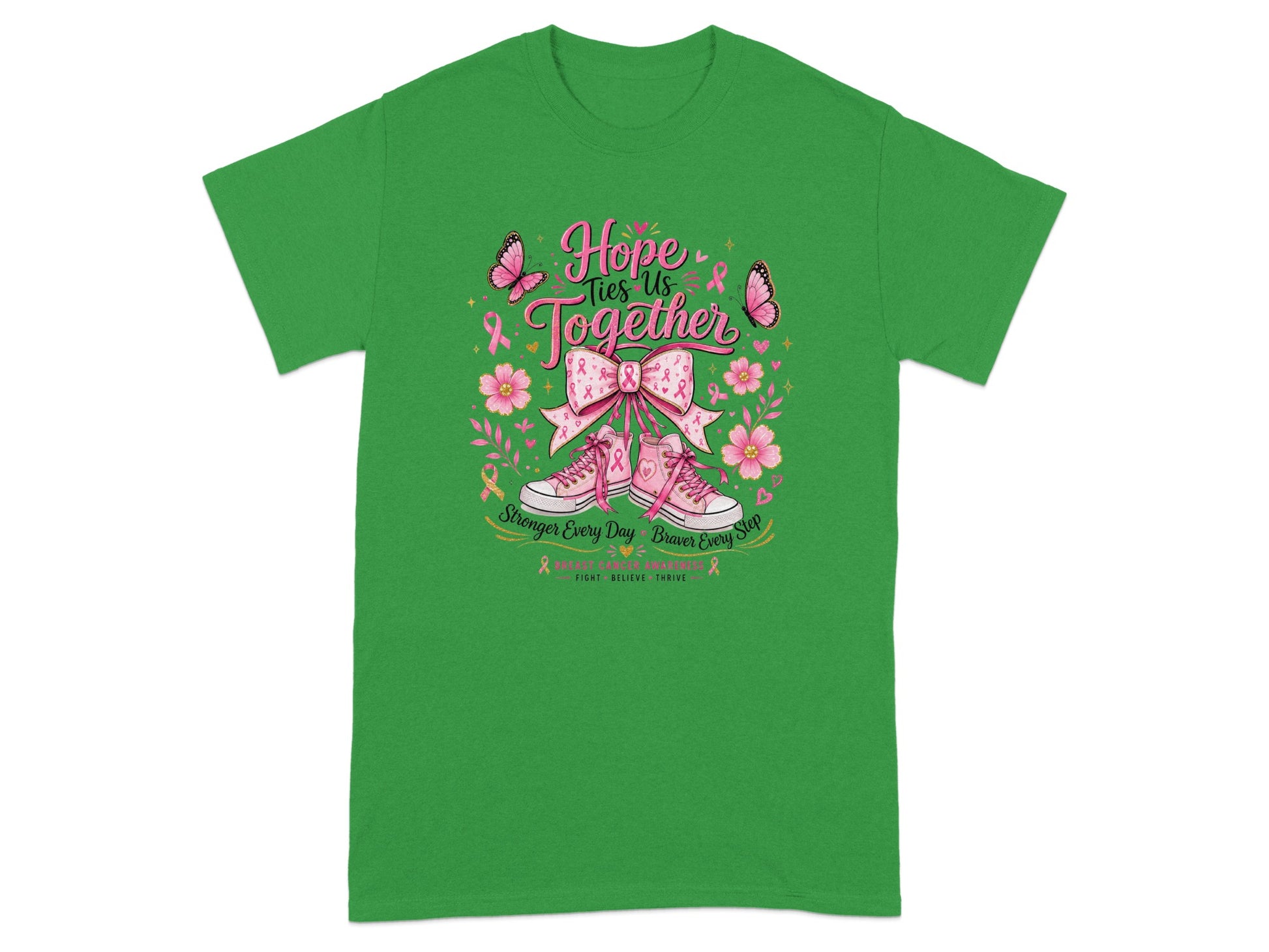 Green t-shirt with "Hope Ties Us Together" text, pink sneakers, butterflies, and flowers.