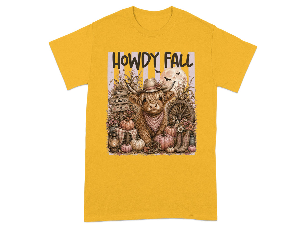 Cow with hat and bandana, "Howdy Fall" text, pumpkins, and fall decor on a yellow t-shirt.