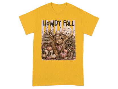 Cow with hat and bandana, "Howdy Fall" text, pumpkins, and fall decor on a yellow t-shirt.
