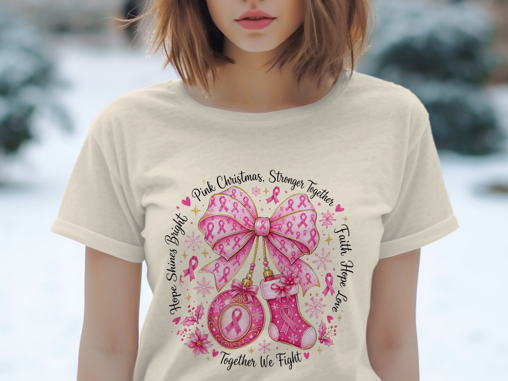 T-shirt with a pink ribbon Christmas design and text.