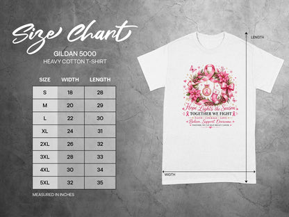 Gildan 5000 Heavy Cotton T-Shirt size chart with width and length in inches.