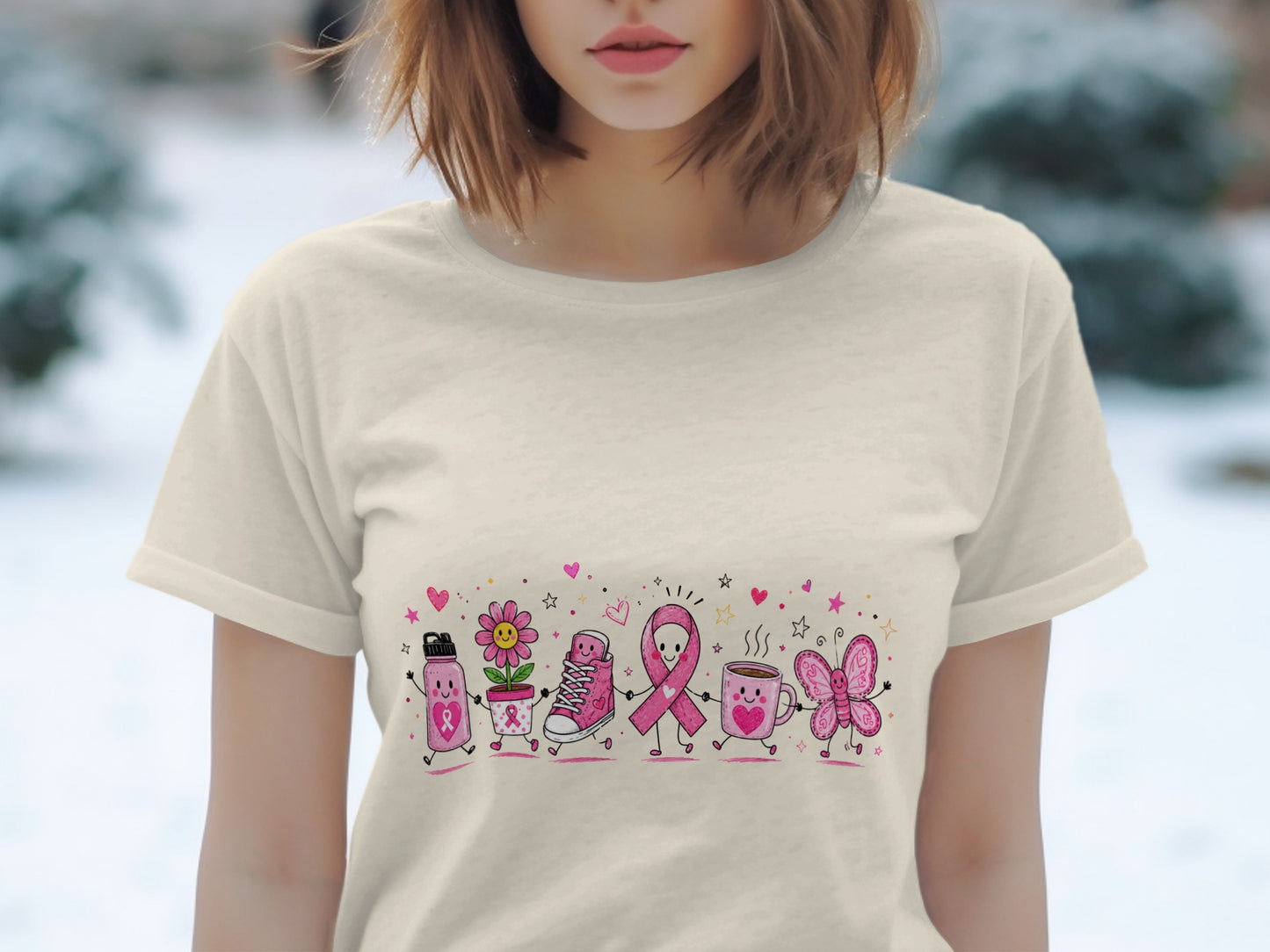 Pink breast cancer awareness ribbon characters including a water bottle, flower, shoe, and butterfly.