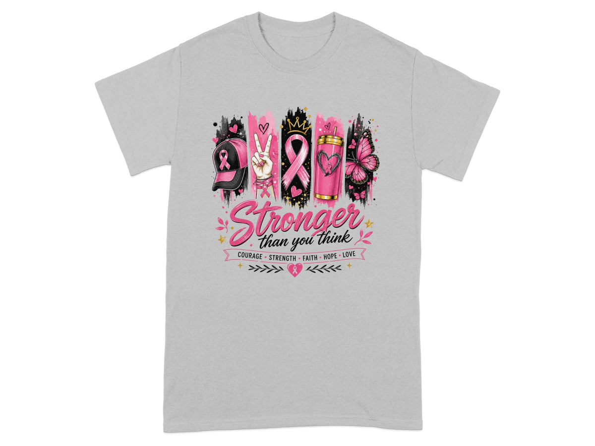 T-shirt with "Stronger than you think" and breast cancer awareness symbols.