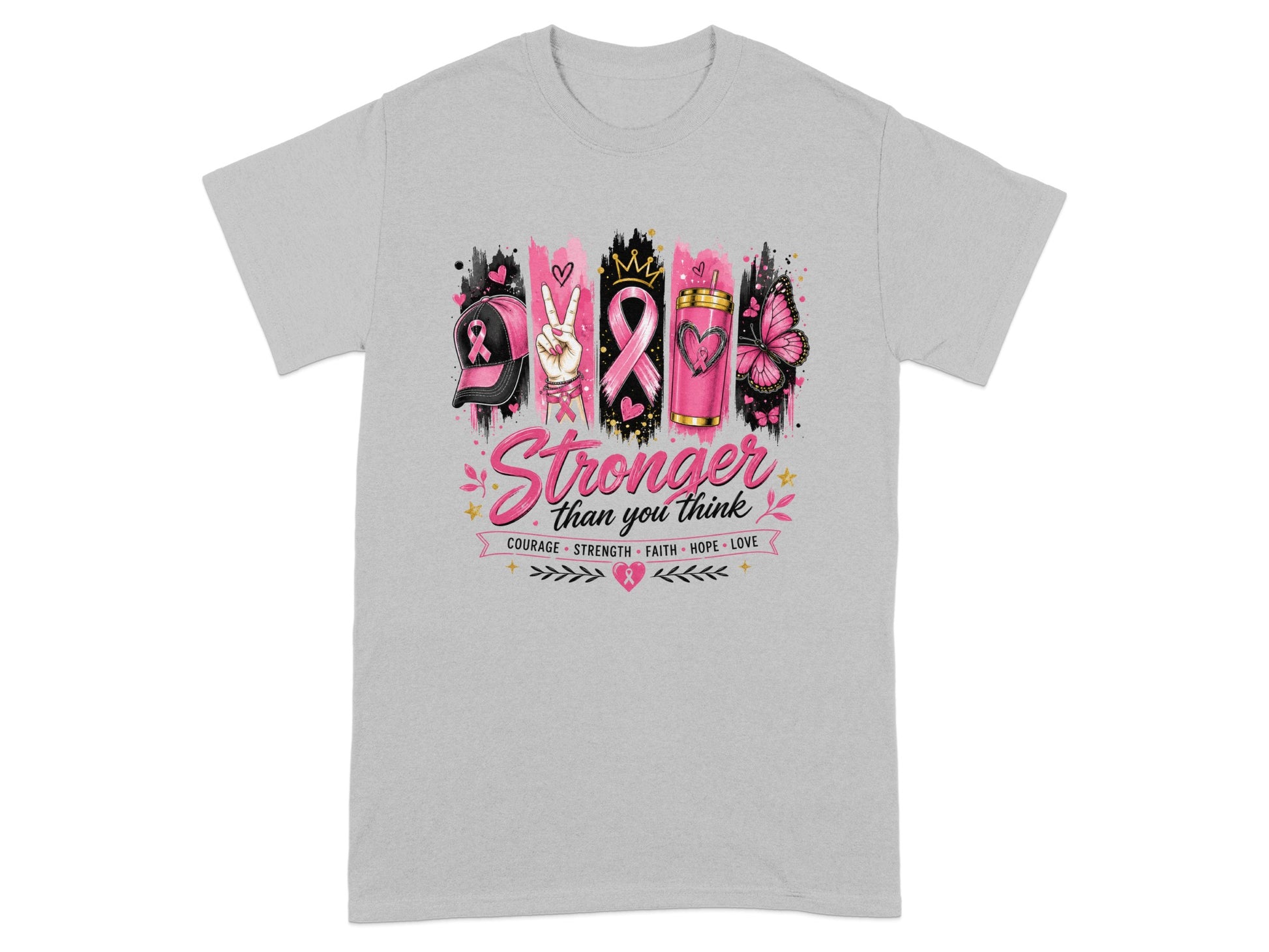 T-shirt with "Stronger than you think" and breast cancer awareness symbols.