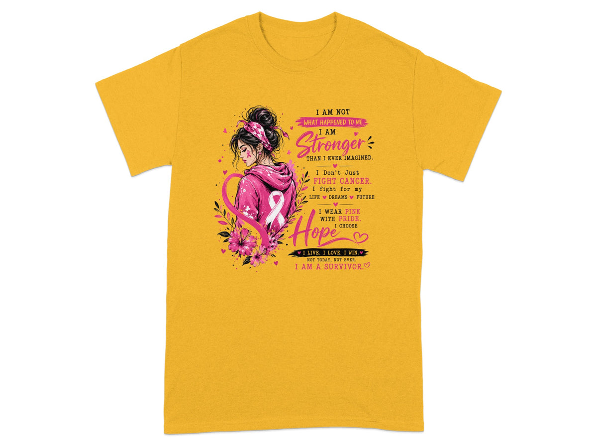 Yellow t-shirt with breast cancer awareness graphic and inspirational text.