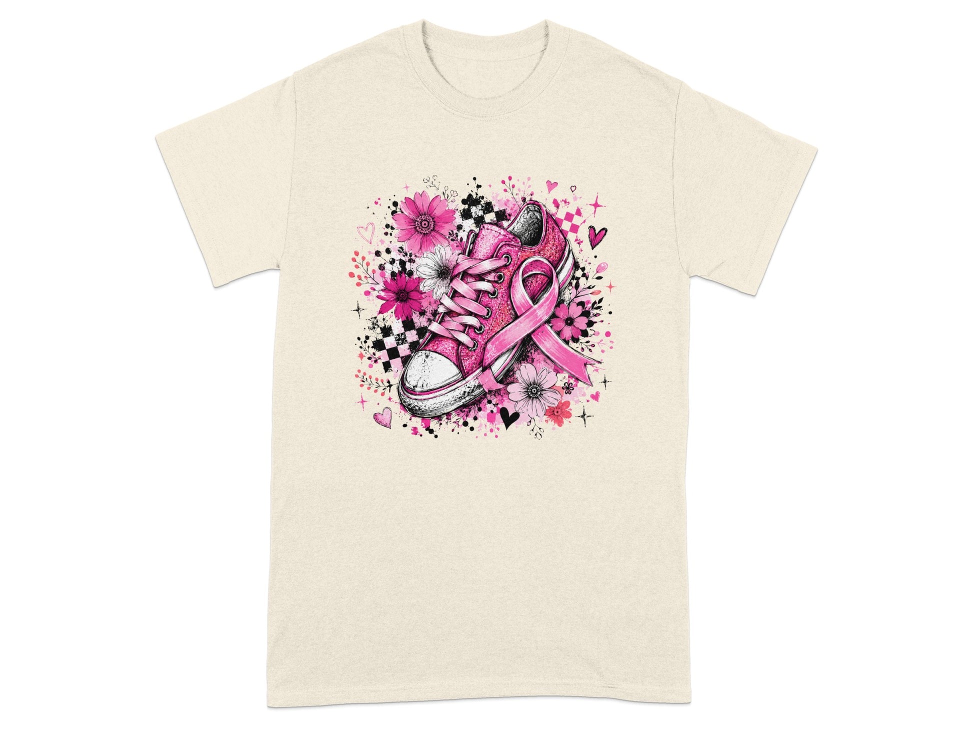 Pink sneaker with breast cancer ribbon, flowers, hearts, and checkered pattern.