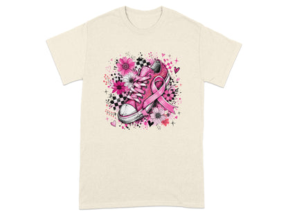 Pink sneaker with breast cancer ribbon, flowers, hearts, and checkered pattern.