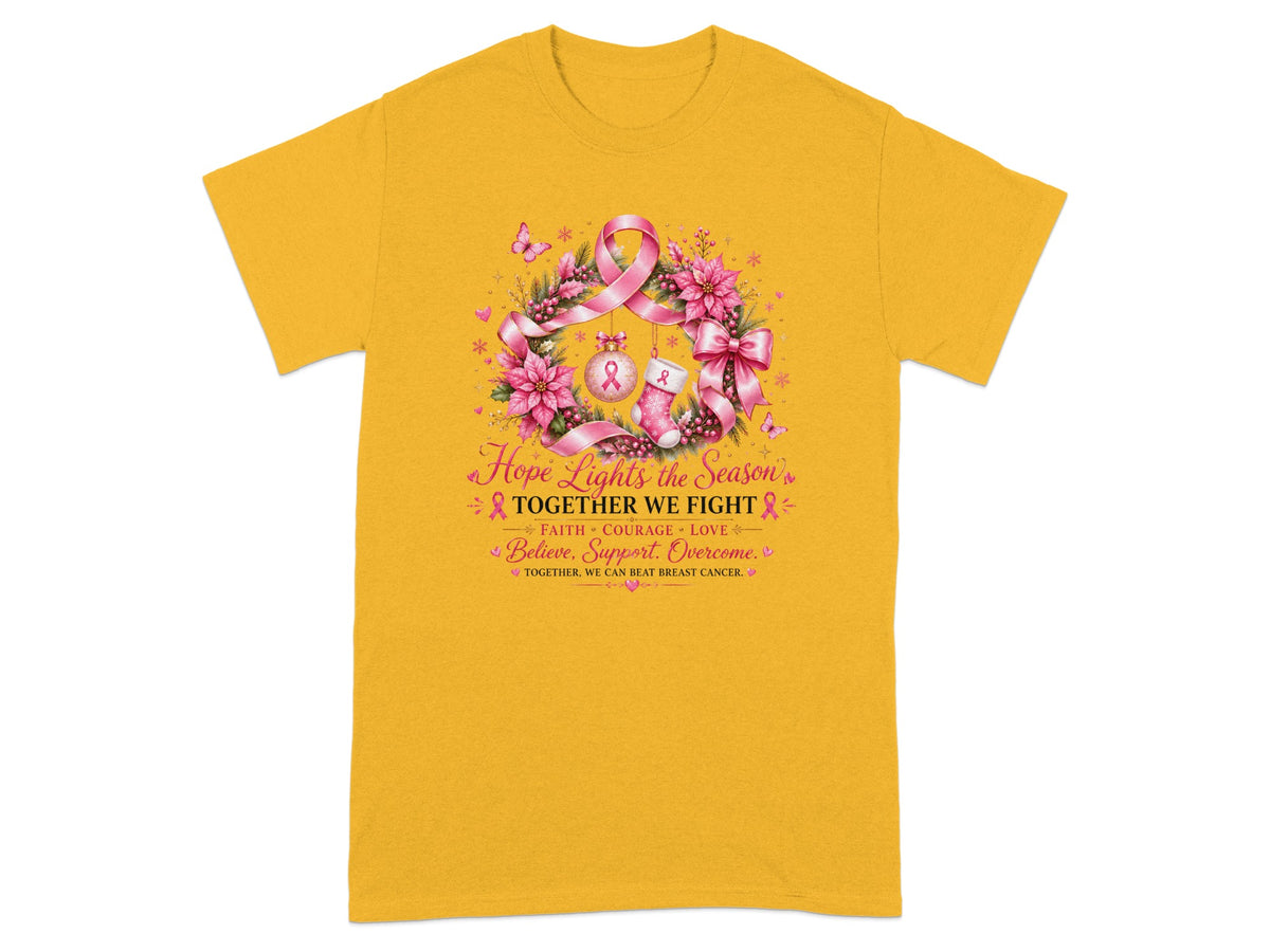 Yellow t-shirt with pink breast cancer awareness ribbon wreath and text.