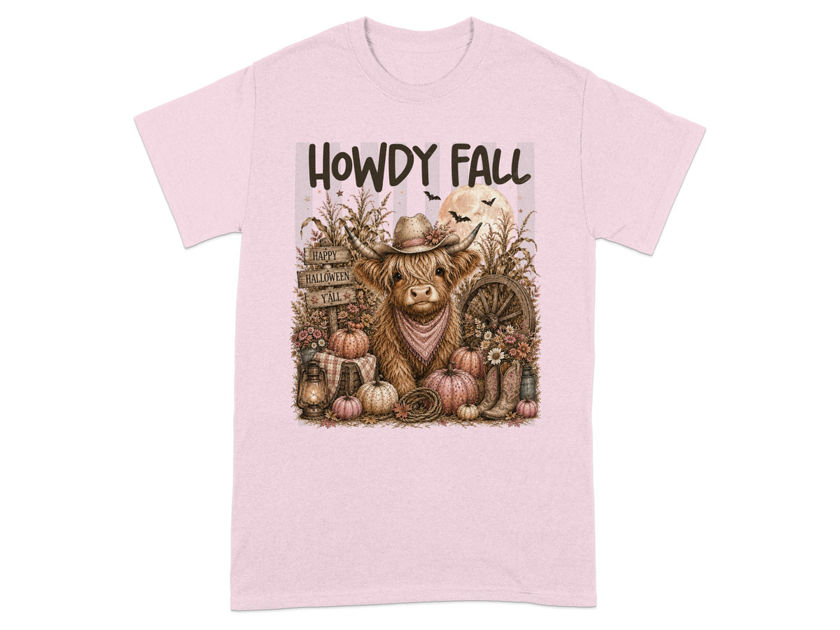 Highland cow in cowboy hat with pumpkins and "Howdy Fall" text.
