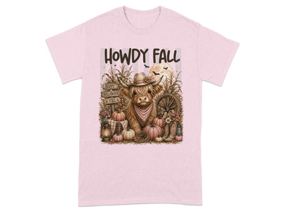 Highland cow in cowboy hat with pumpkins and "Howdy Fall" text.