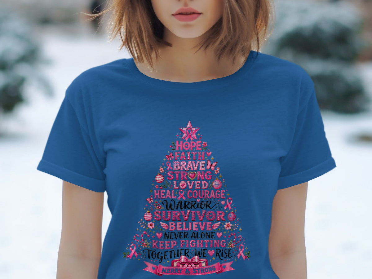 Blue t-shirt with a Christmas tree design listing words of hope and strength.