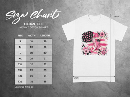 Gildan 5000 Heavy Cotton T-shirt size chart with width and length measurements in inches.