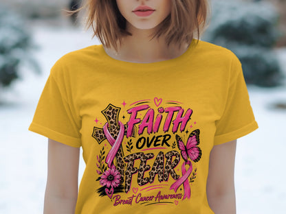 Yellow t-shirt with "Faith Over Fear" Breast Cancer Awareness graphic.