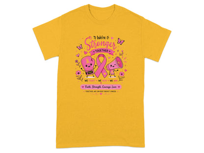 Yellow t-shirt with pink breast cancer awareness graphics and text.