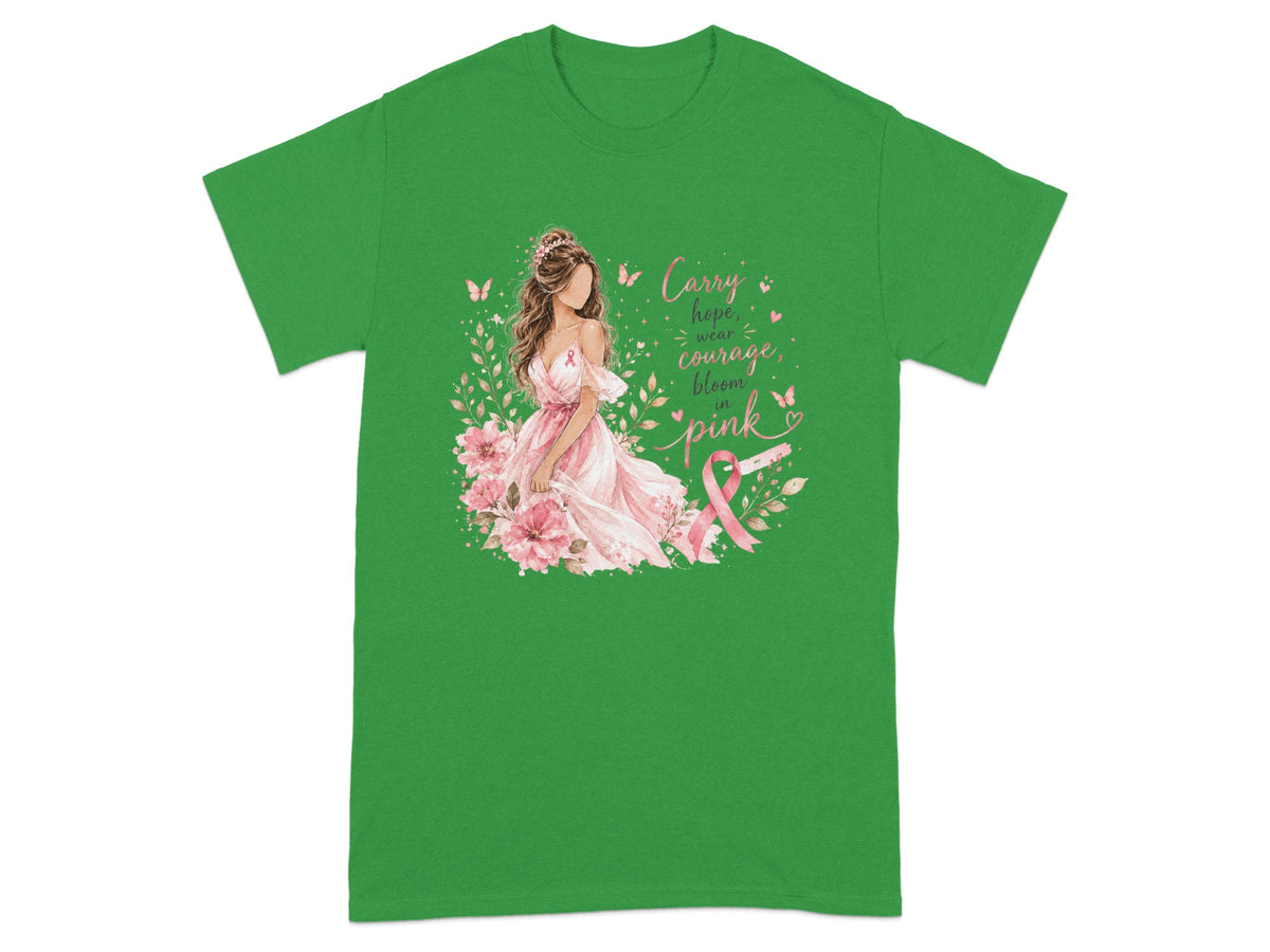 Woman in pink dress with flowers and butterflies, "Carry hope wear courage bloom in pink" text.