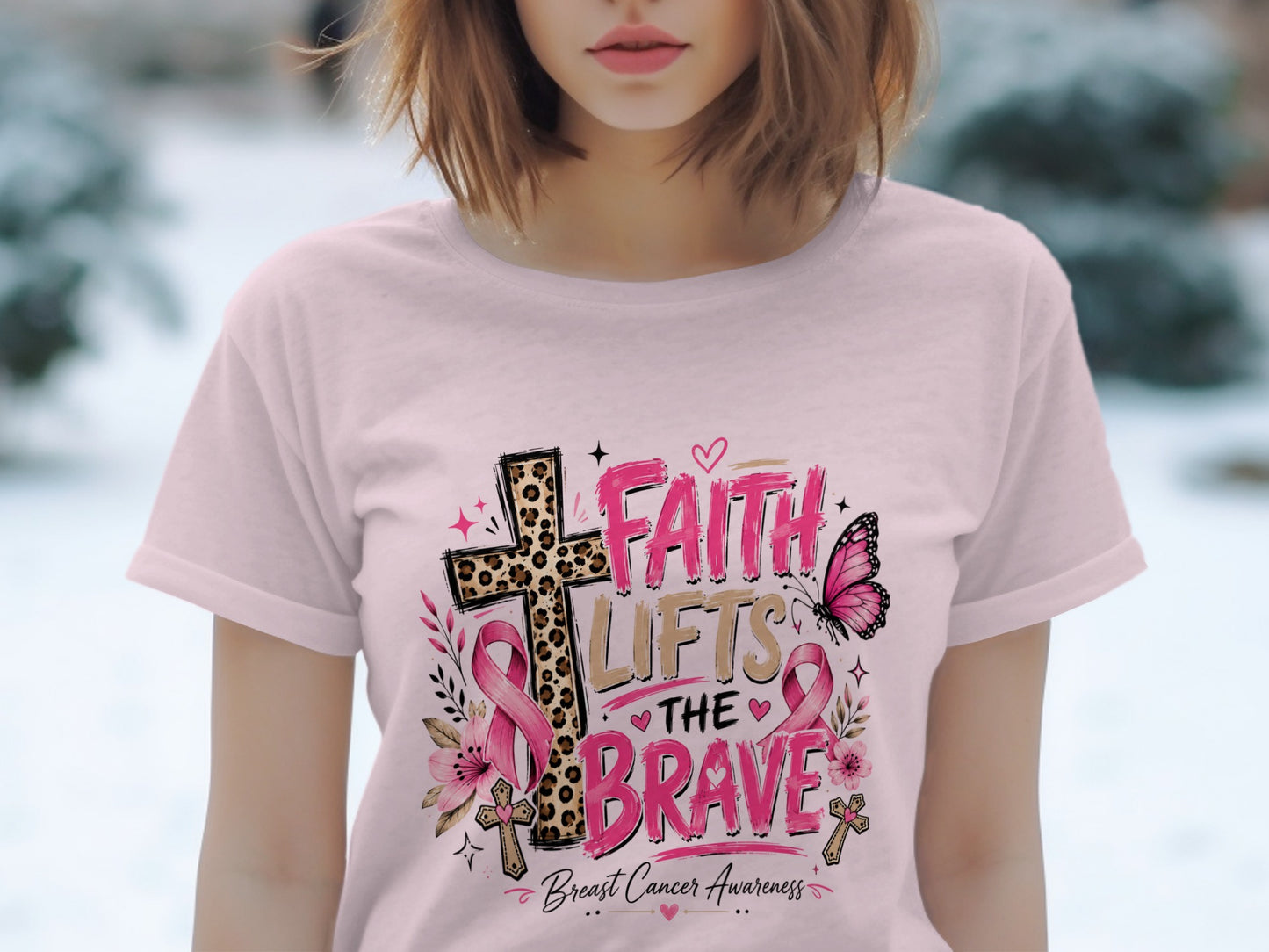 Faith Lifts The Brave Breast Cancer Awareness t-shirt with cross and butterfly.