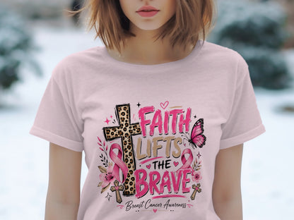 Faith Lifts The Brave Breast Cancer Awareness t-shirt with cross and butterfly.