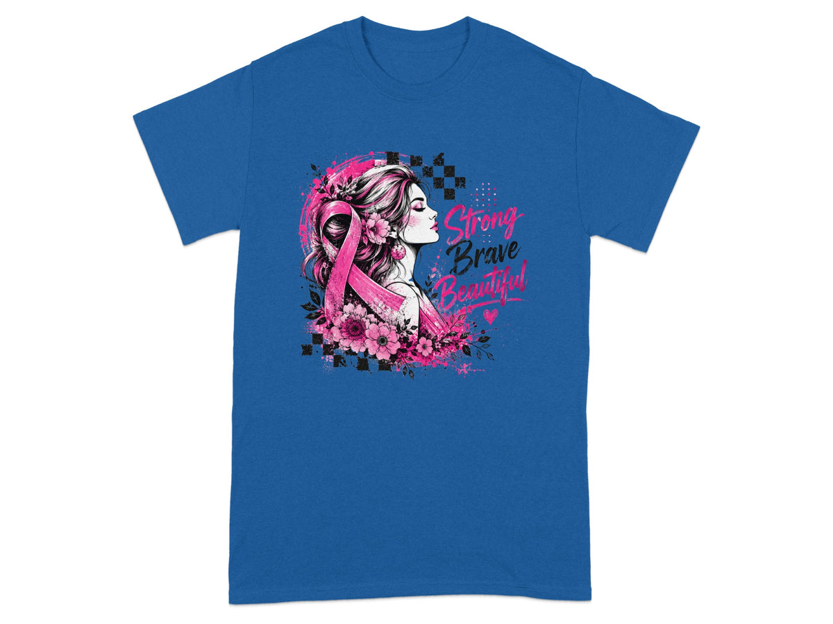 Blue t-shirt with graphic of woman, pink ribbon, flowers, and text "Strong Brave Beautiful".