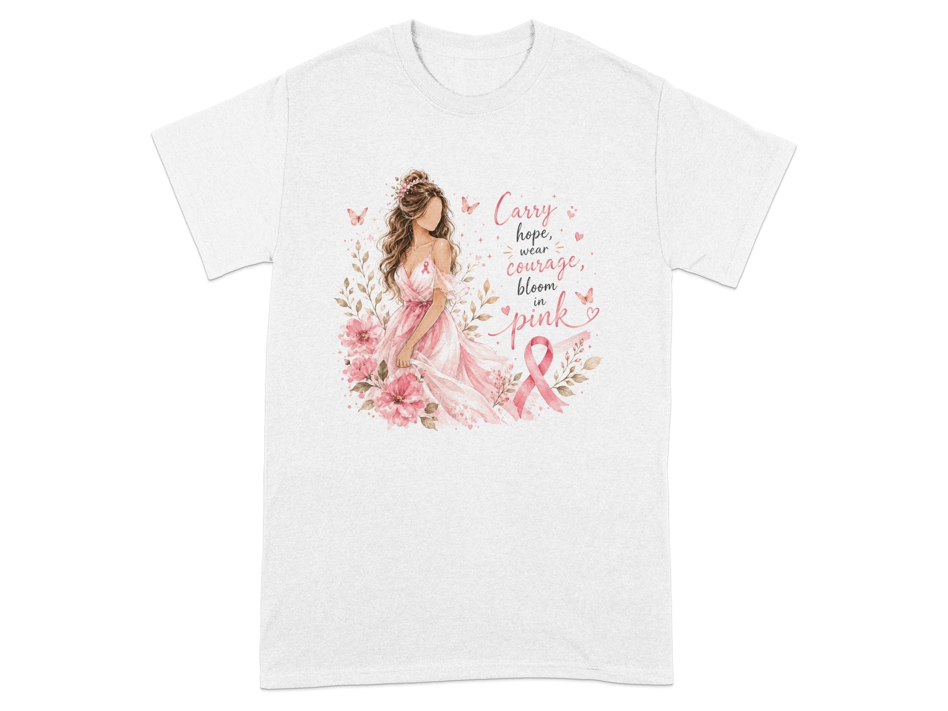White t-shirt with graphic of woman, flowers, butterflies, and text "Carry hope, wear courage, bloom in pink".