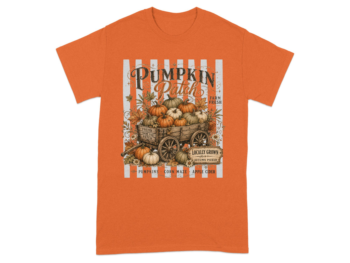 Pumpkin Patch design on orange shirt with wagon full of pumpkins and autumn text.