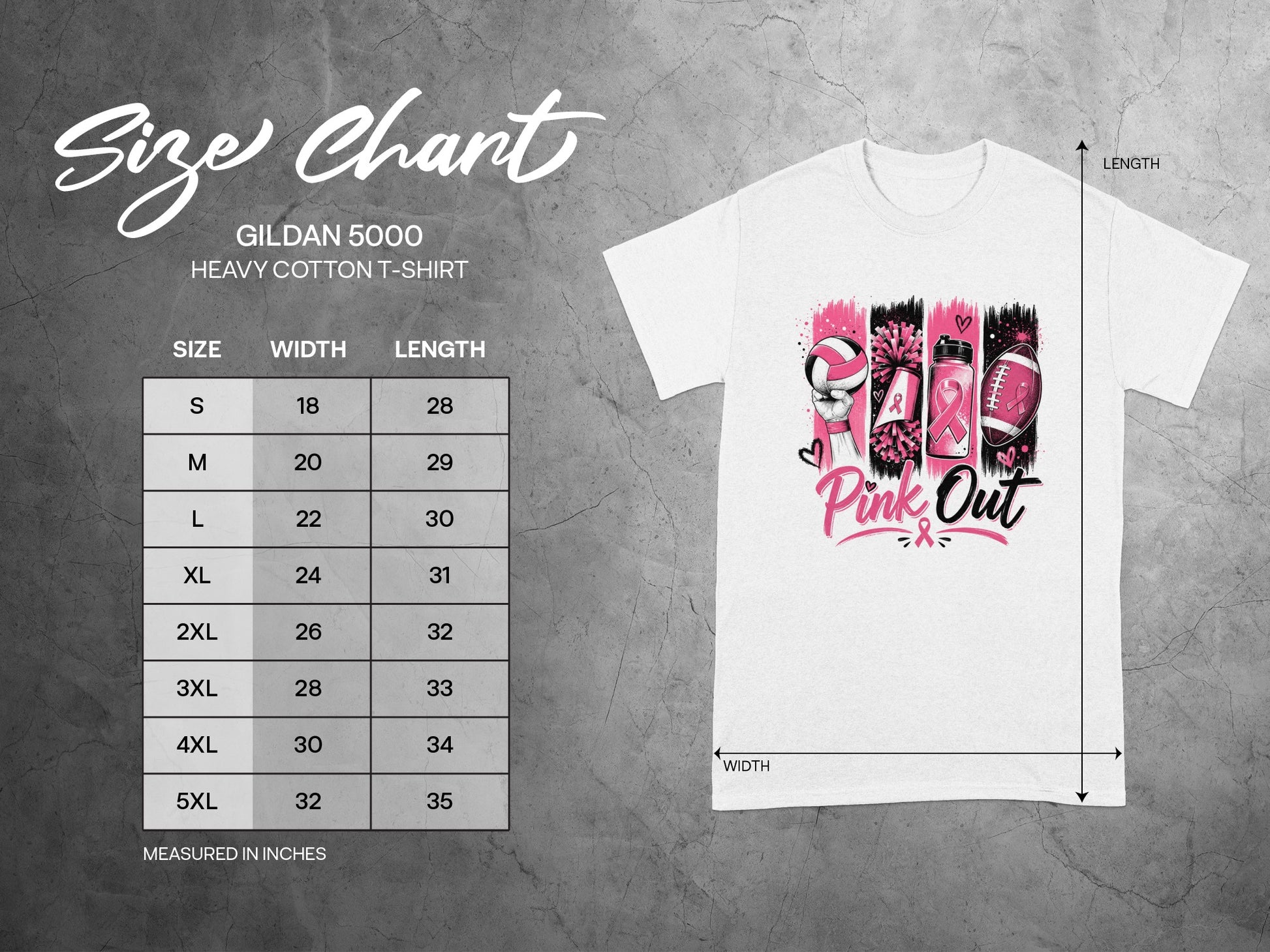 Gildan 5000 Heavy Cotton T-Shirt size chart with measurements in inches.