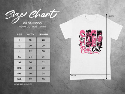 Gildan 5000 Heavy Cotton T-Shirt size chart with measurements in inches.