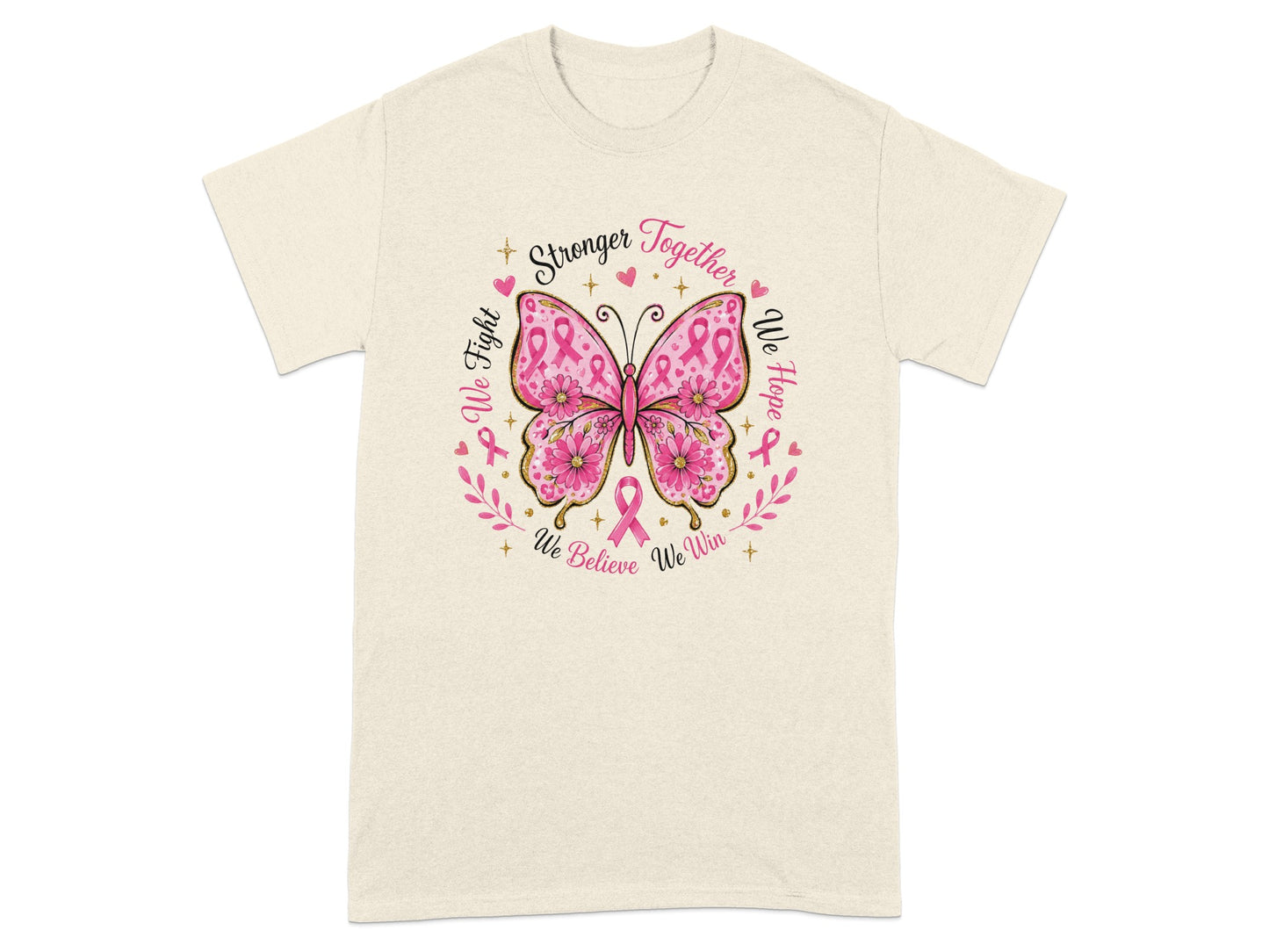 Cream t-shirt with a pink butterfly design and breast cancer awareness slogans.
