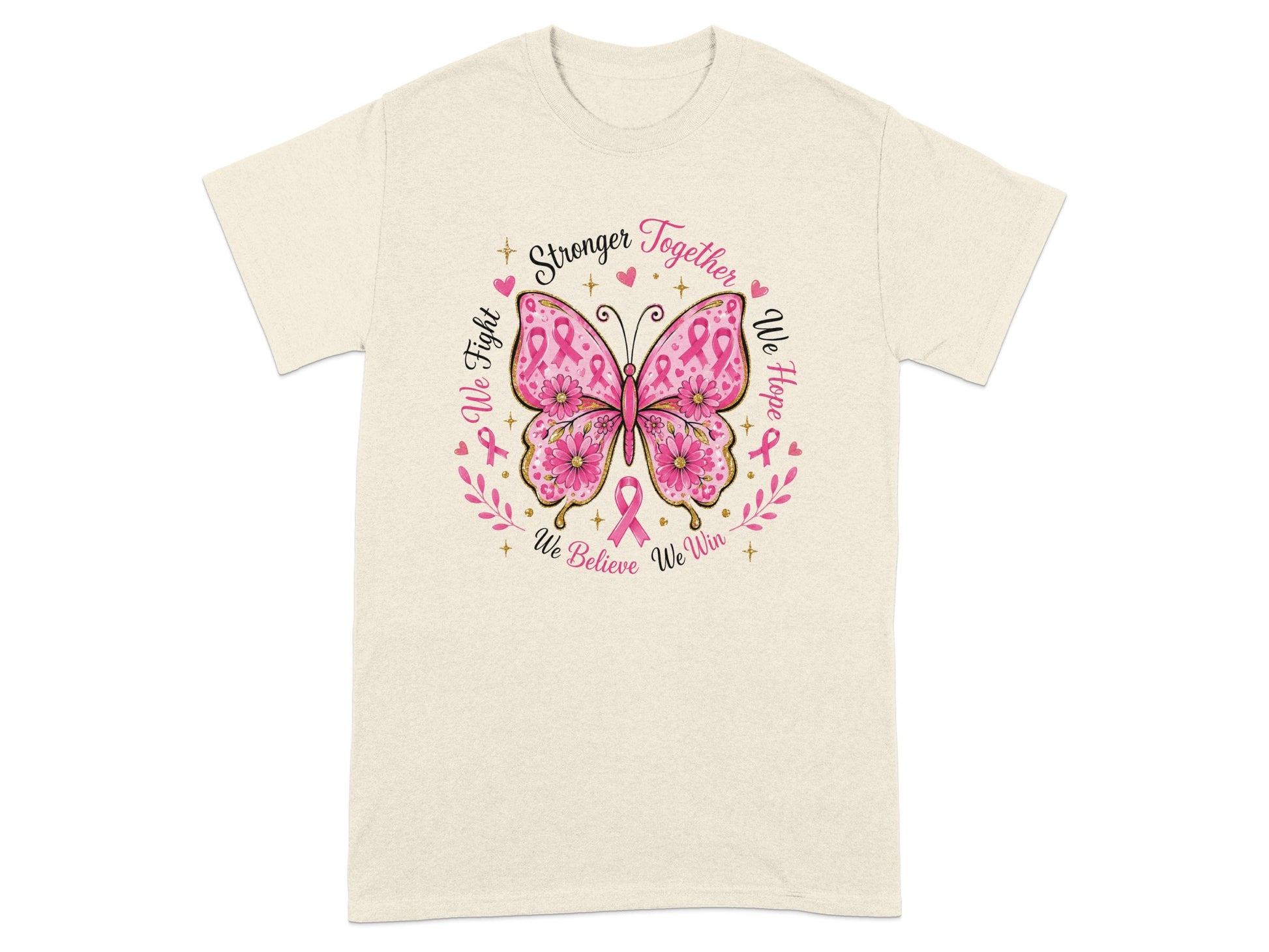 Cream t-shirt with a pink butterfly design and breast cancer awareness slogans.