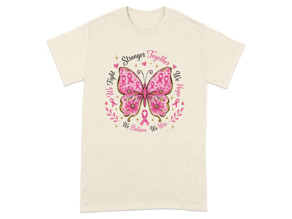 Cream t-shirt with a pink butterfly design and breast cancer awareness slogans.