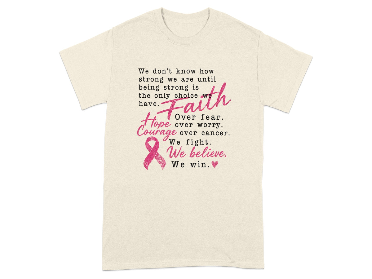T-shirt with breast cancer awareness text and pink ribbon graphic.
