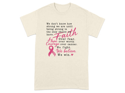 T-shirt with breast cancer awareness text and pink ribbon graphic.