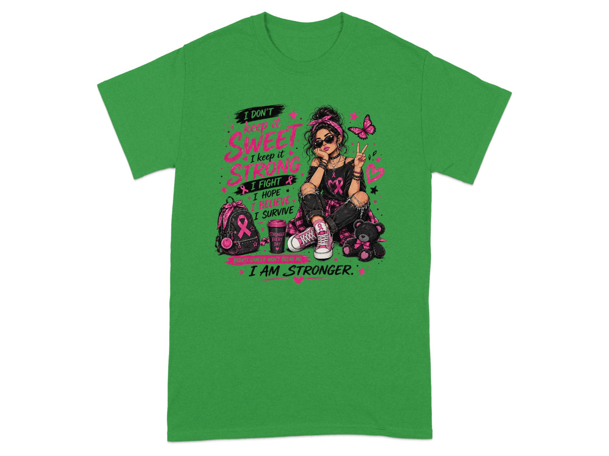 Woman with pink ribbon theme and inspirational text "I AM STRONGER".