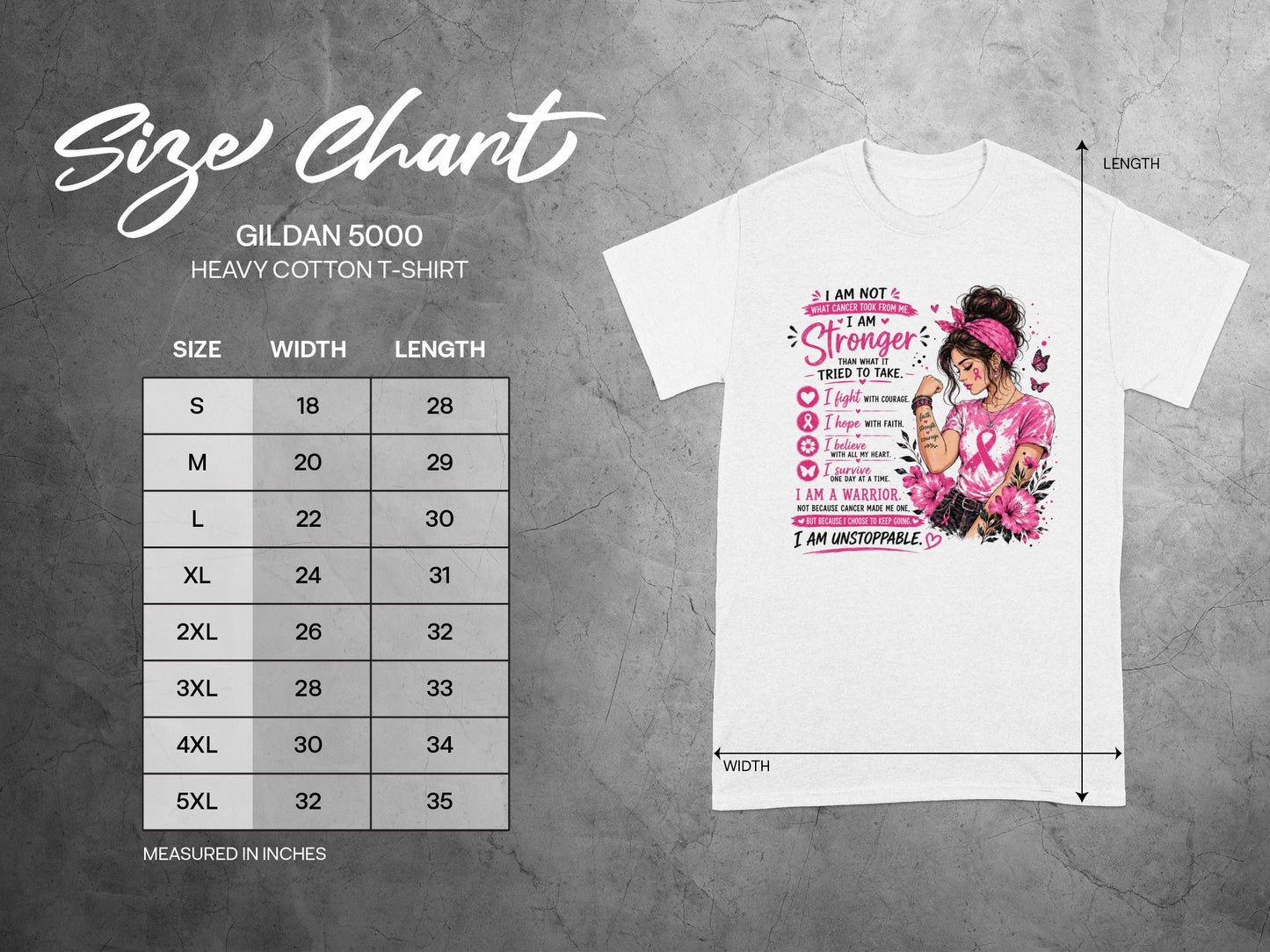 Gildan 5000 t-shirt size chart with width and length measurements.