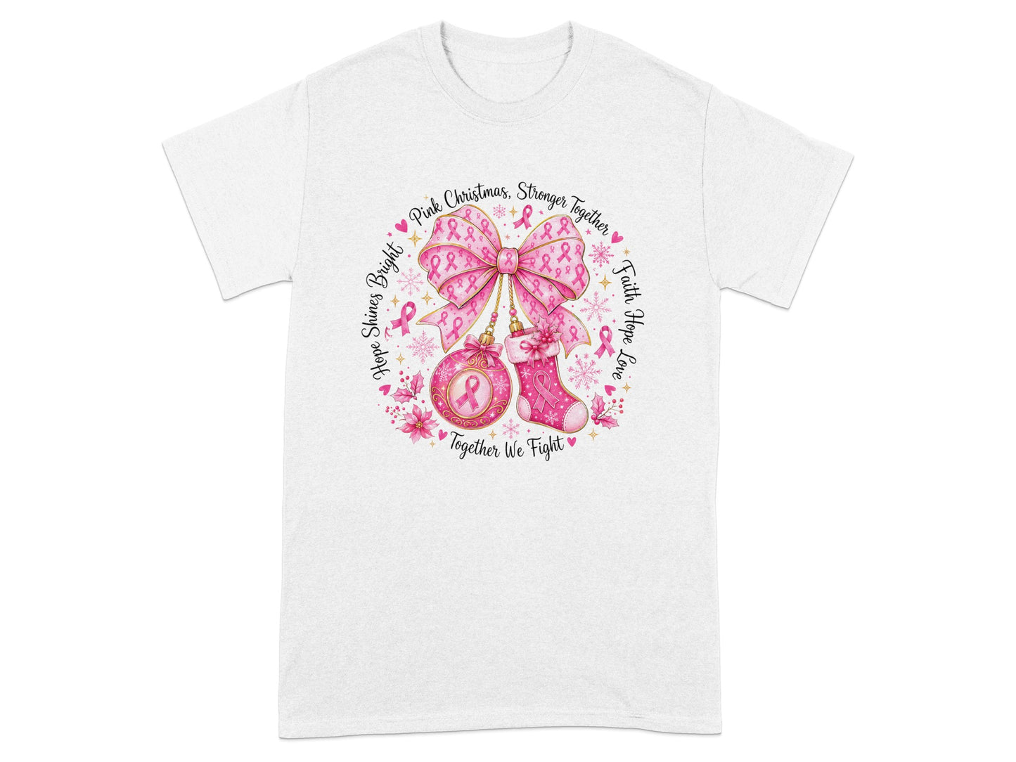 White t-shirt with pink ribbon graphic, ornaments, and text.