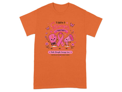Orange t-shirt with breast cancer awareness graphic and text.