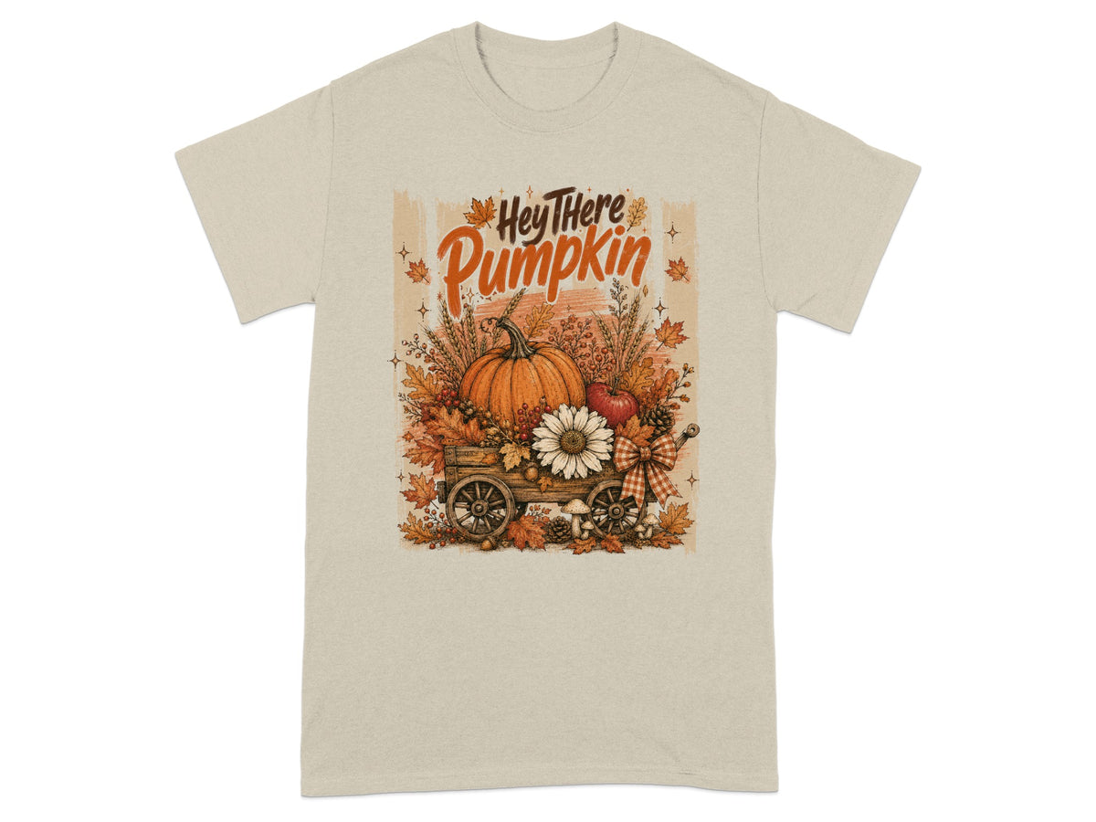 "Hey There Pumpkin" text above a wagon filled with pumpkins, flowers, and autumn leaves.