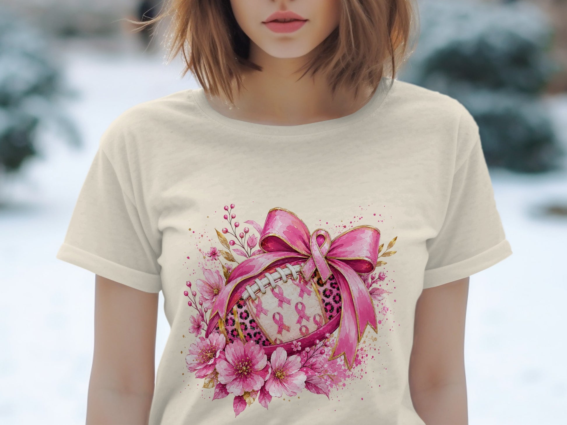 Football adorned with pink ribbons and flowers, tied with a pink bow.