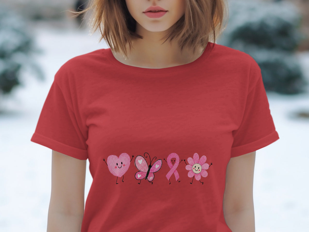 Red t-shirt with a row of cute pink cartoon characters: heart, butterfly, ribbon, and flower.