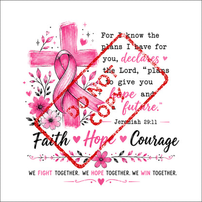Pink cross with ribbon and Jeremiah 29:11 quote for breast cancer awareness.