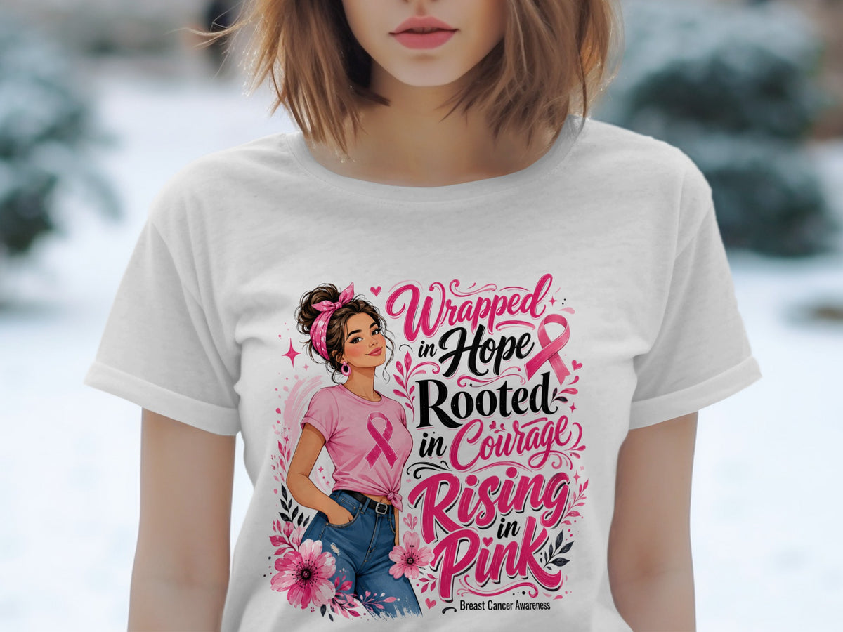 Illustration of a woman with text "Wrapped in Hope Rooted in Courage Rising in Pink Breast Cancer Awareness".