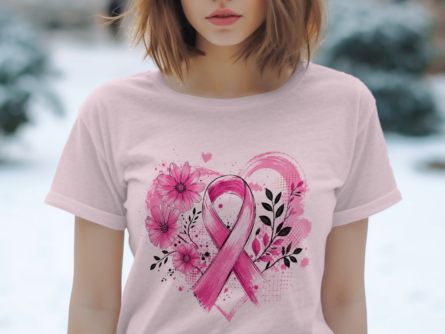 Pink t-shirt with breast cancer ribbon design and floral accents.