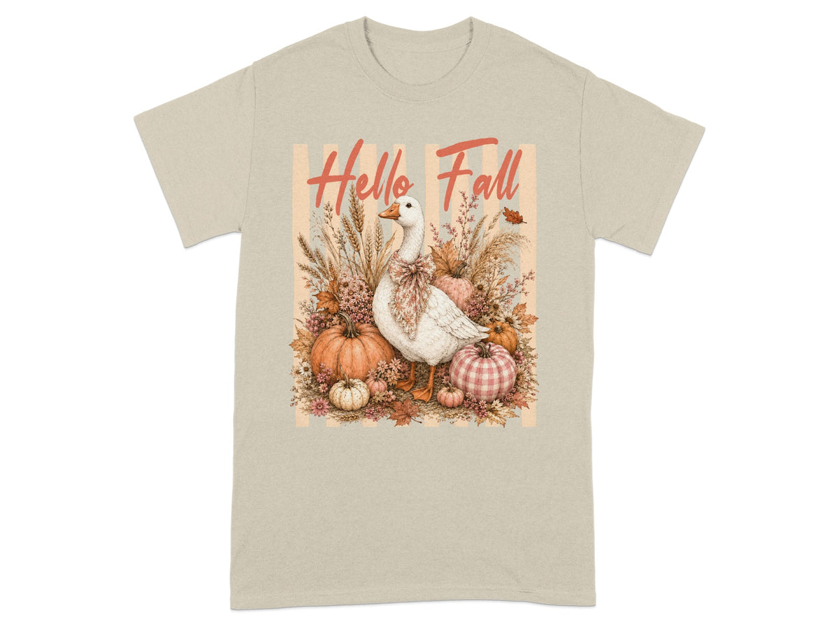 "Hello Fall" text above a white goose surrounded by pumpkins and autumn foliage.