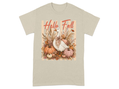 "Hello Fall" text above a white goose surrounded by pumpkins and autumn foliage.