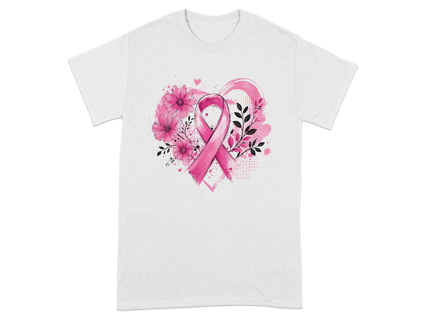 Pink breast cancer ribbon with flowers and leaves on a t-shirt.