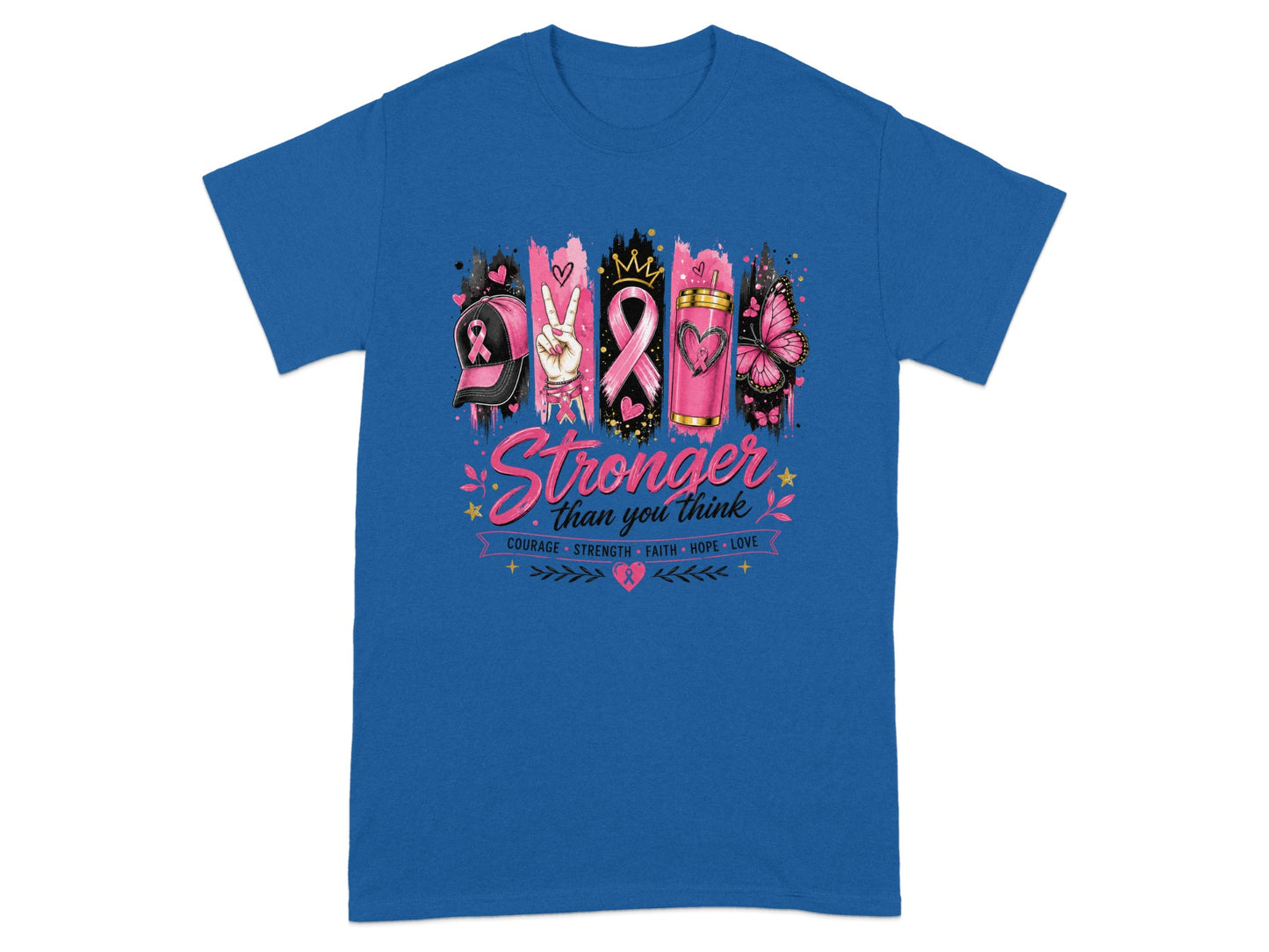 Blue t-shirt with "Stronger than you think" text and breast cancer awareness symbols.