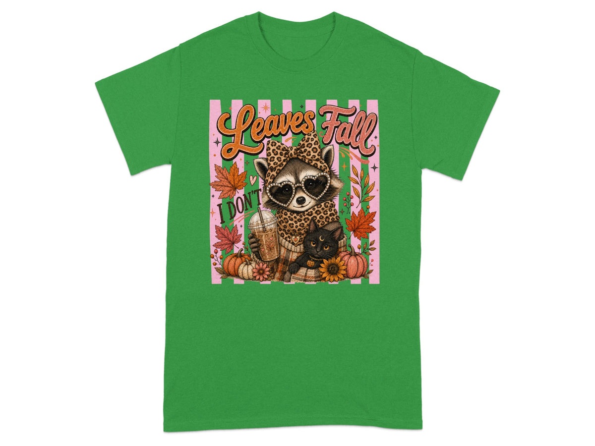 Raccoon and black cat with "Leaves Fall" text and fall decorations.
