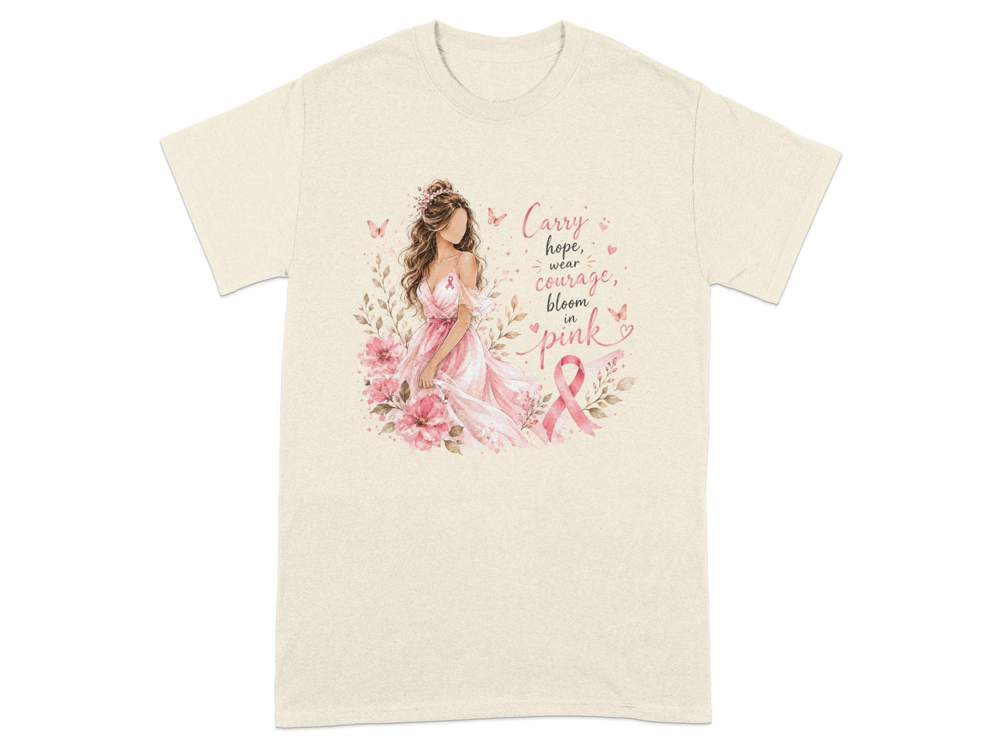 Woman in pink dress with breast cancer ribbon and text "Carry hope, wear courage, bloom in pink."