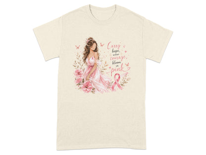 Woman in pink dress with breast cancer ribbon and text "Carry hope, wear courage, bloom in pink."