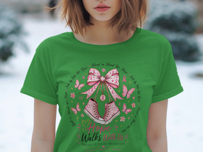 Green t-shirt with pink sneakers, butterflies, and "Hope Walks With Us" text.
